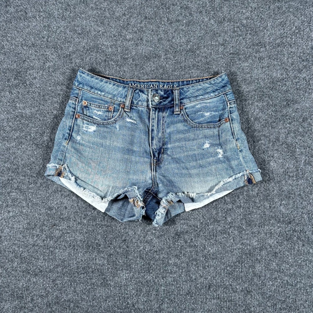 American Eagle Shorts Womens Size 2 Blue Distressed Cotton Denim Raw Hem Casual